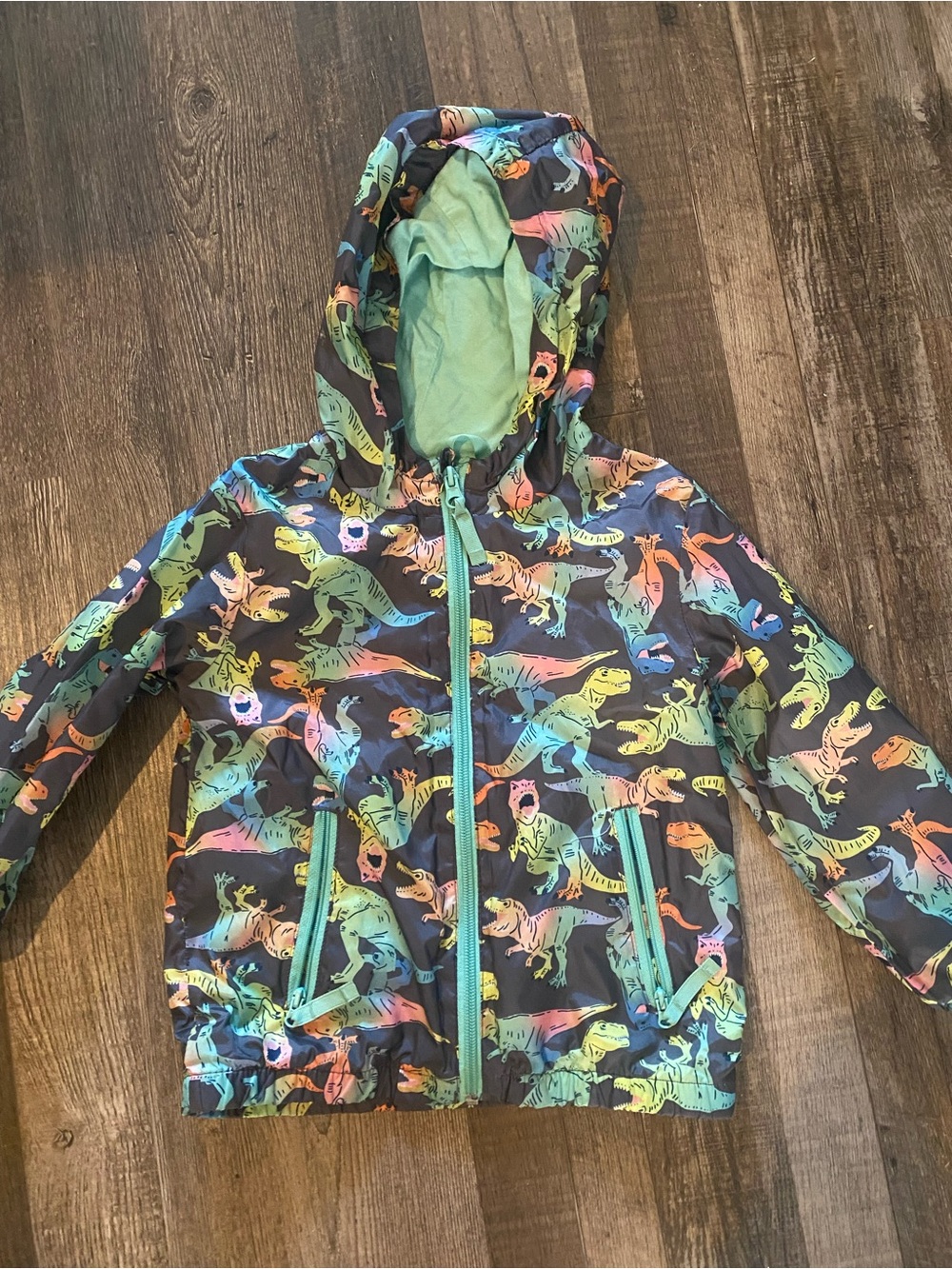 Cat & Jack Multicolor Dino Hooded Raincoat with Mint Trim